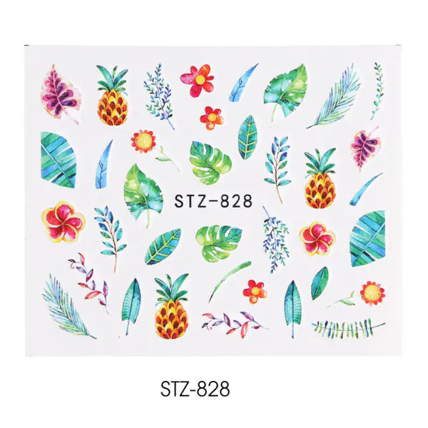 Nail Water Stickers - Green Leaf Rose Design