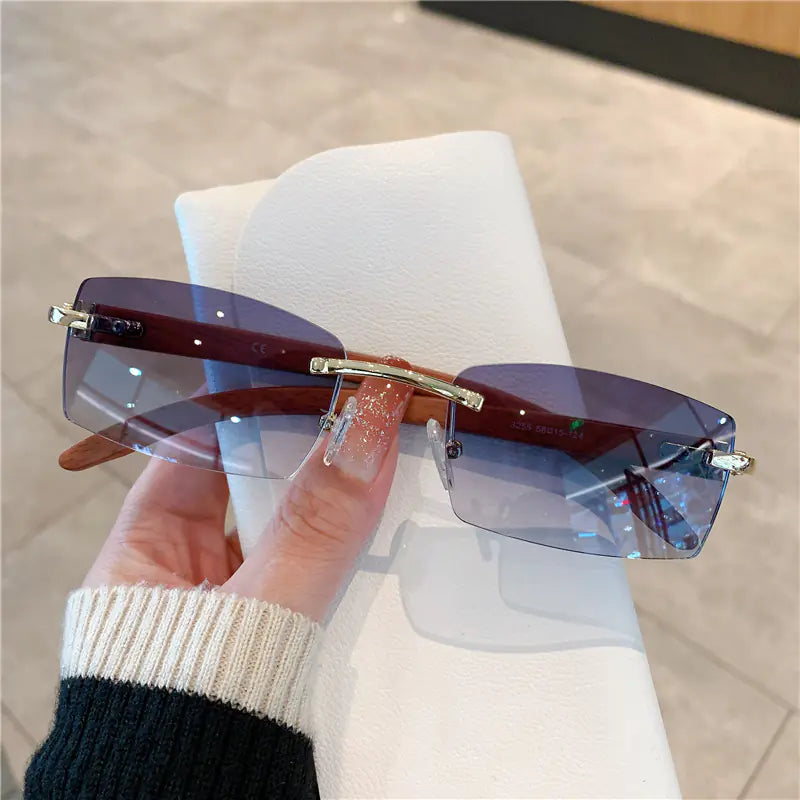 Frameless Wood Grain Retro Sunglasses UV400 for Travel