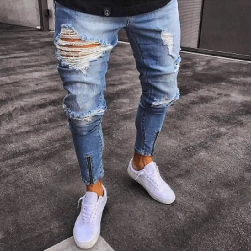 Men's Fashion Ripped Knee Zipper Slim Jeans