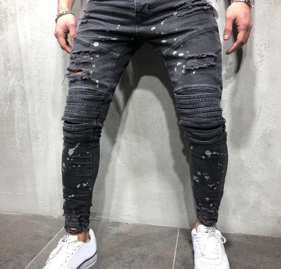 Men's Zippered Ripped Knee Slim Fit Motorcycle Jeans