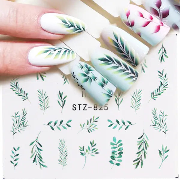 Nail Water Stickers - Green Leaf Rose Design
